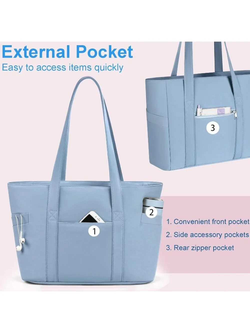 👜Women's Blue Nylon Large Tote Bag With Zipper 15.6 Laptop Sleeve Work Bag